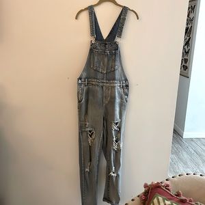 Distressed denim overalls size medium